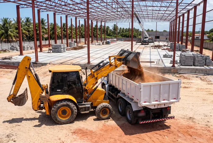 Retroescavadeira carregando caminhão caçamba em obra em João Pessoa